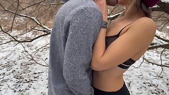 A Married Woman Enjoys A Double Dose Of Cum In A Public Park During A Snowfall, Courtesy Of Her Husband And His Friend.